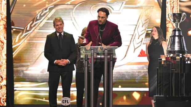 Nov 16, 2023; Niagra Falls, Ontario, CAN; Saskatchewan Roughriders Brayden Lenius speaks after receiving the Jake Gaudar Veteran Affairs award during the CFL Awards at Fallsview Casino & Resort. Mandatory Credit: Dan Hamilton-USA TODAY Sports  